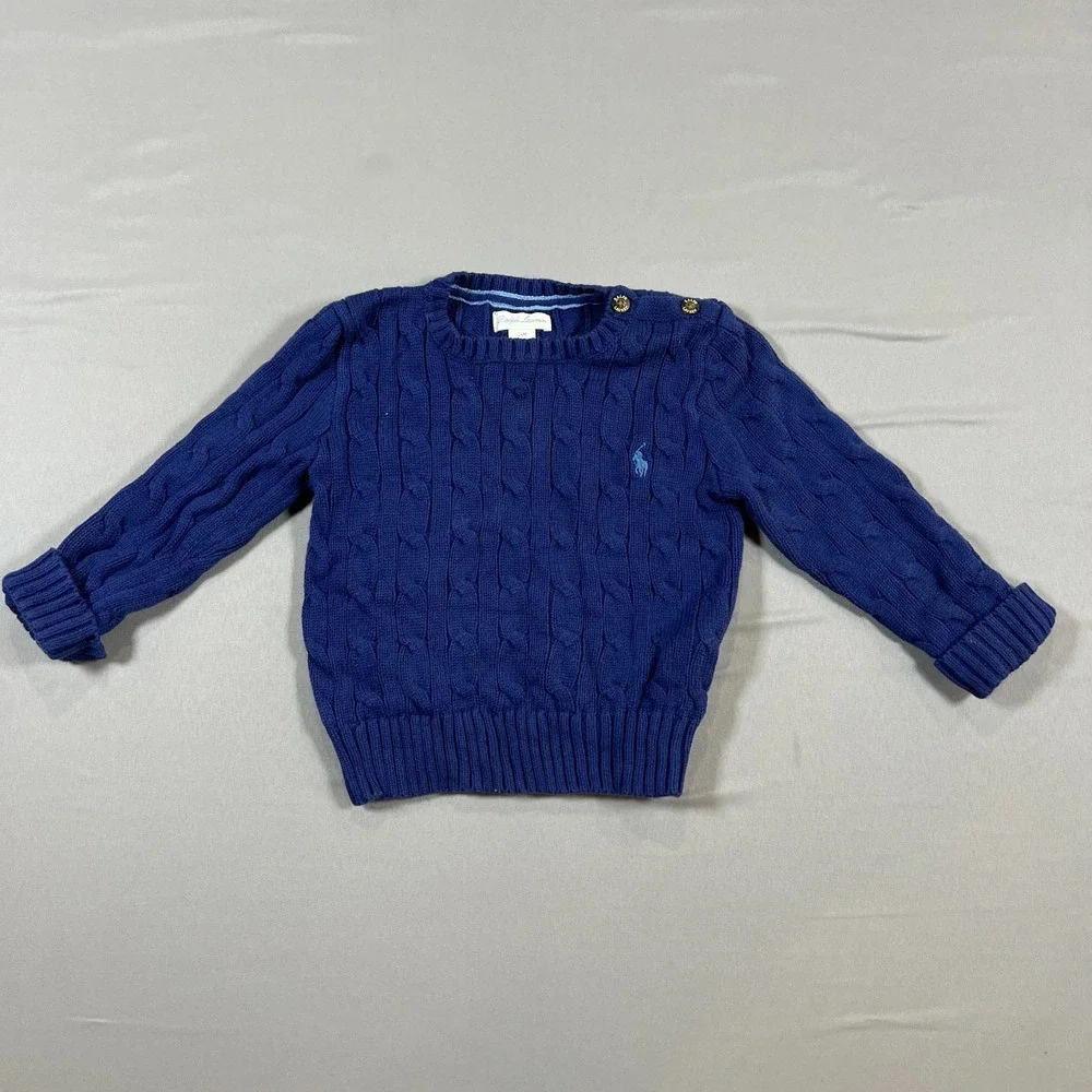 Ralph Lauren Sweater Toddler Boys 24M Blue Cable Knit Cotton Crew Neck Pullover